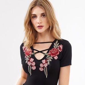 Black Body Suit with Flowers.